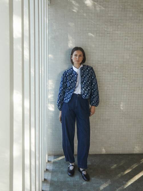 yerse indigo blue cotton jacquard short jacket sketchshop