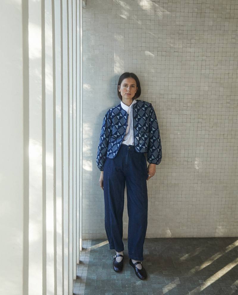 yerse indigo blue cotton jacquard short jacket sketchshop