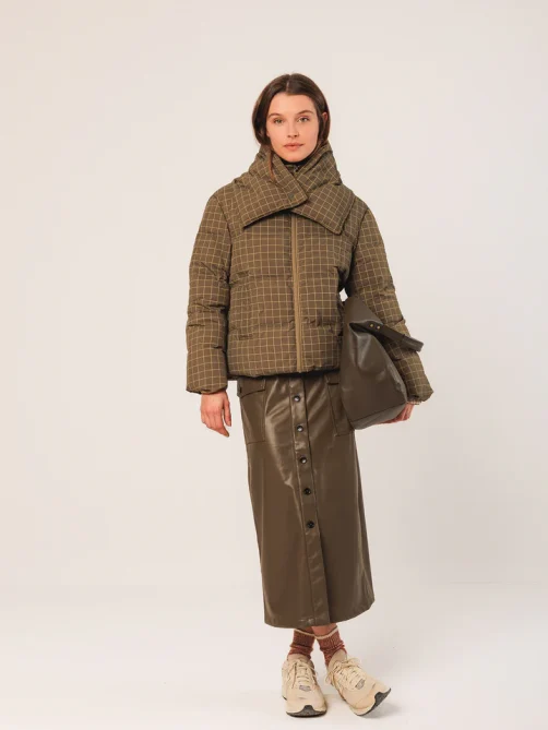 indi and cold short checkered down coat khaki sketchshop
