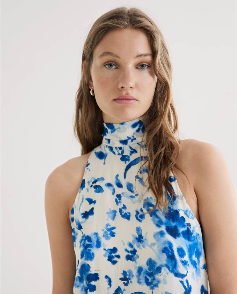 yerse long halter dress bow blue print sketchshop