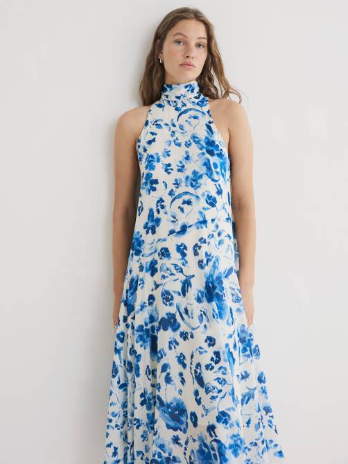 yerse long halter dress bow blue print sketchshop