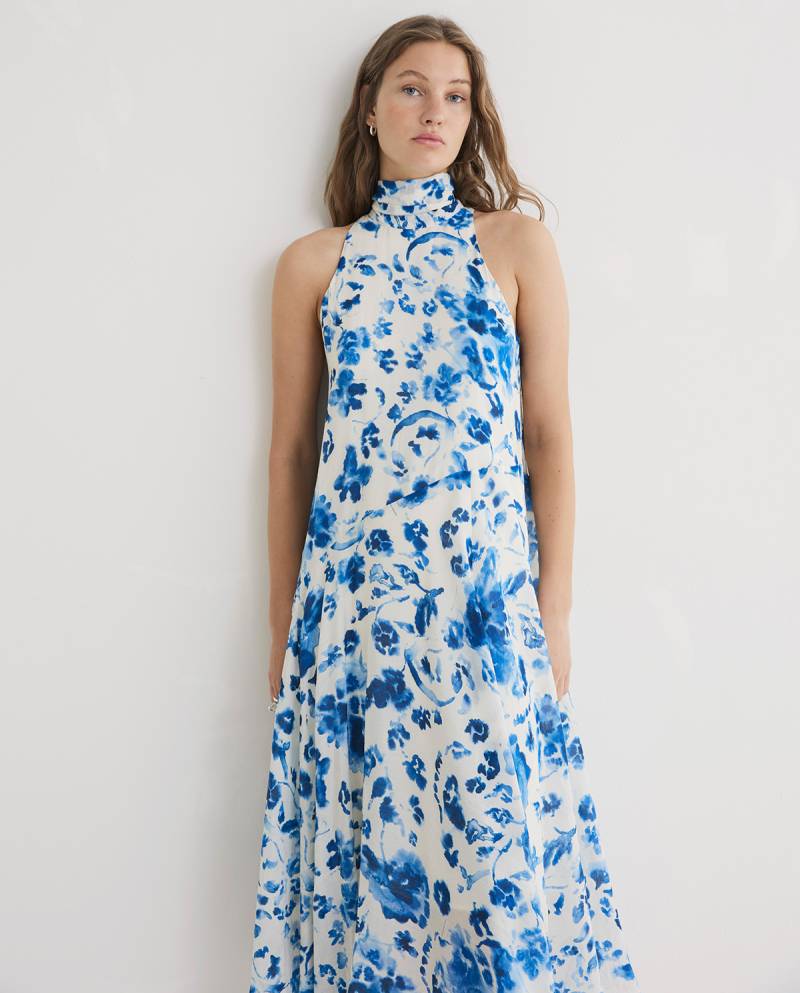 yerse long halter dress bow blue print sketchshop