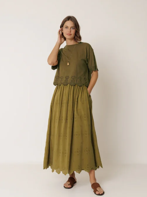 indi and cold embroidered midi skirt khaki sketchshop