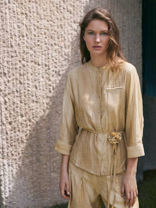 yerse pleated mao neck shirt beige sketchshop