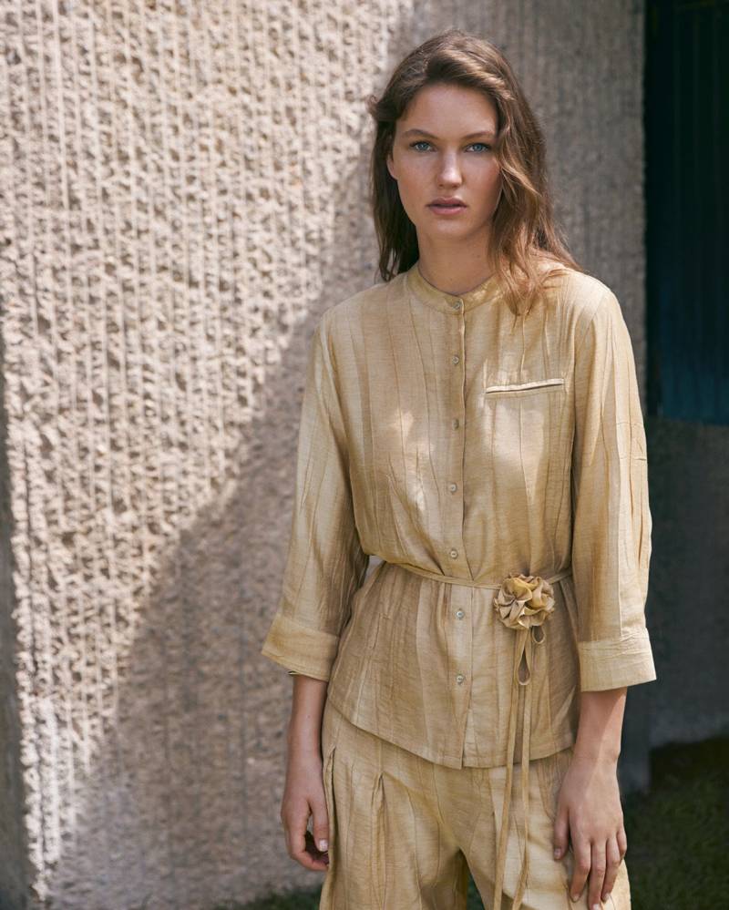 yerse pleated mao neck shirt beige sketchshop