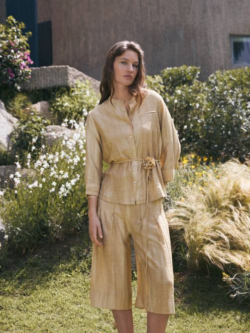 yerse pleated mao neck shirt beige sketchshop