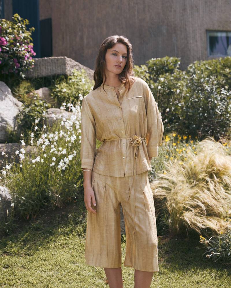 yerse pleated mao neck shirt beige sketchshop