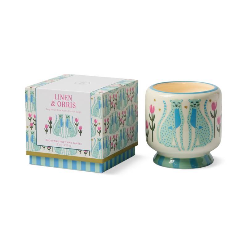 paddywax blue cheetah ceramic soy candle linen orris sketchshop